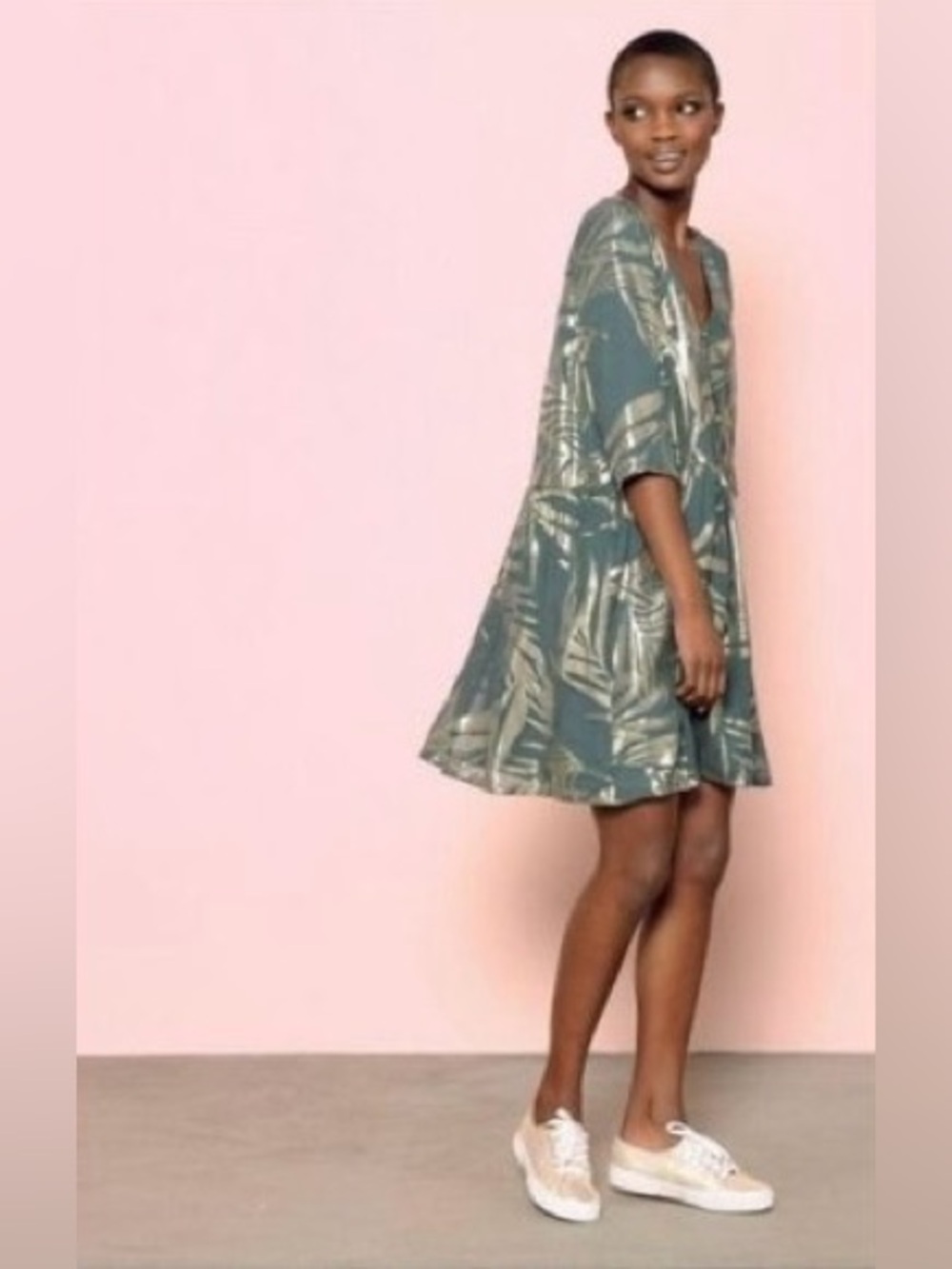 Des Petits Hauts V-Neck Metallic Leaf Print in Dark Teal & Gold Dress - Size T1